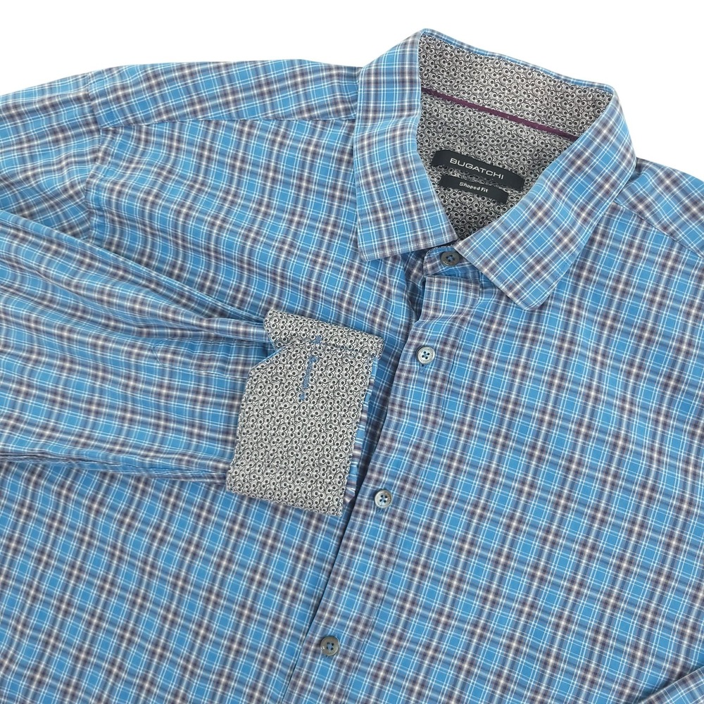 Bugatchi Shirt Mens XL Blue Plaid Long Sleeve‎ Button Up Cotton Slim Fit Casual